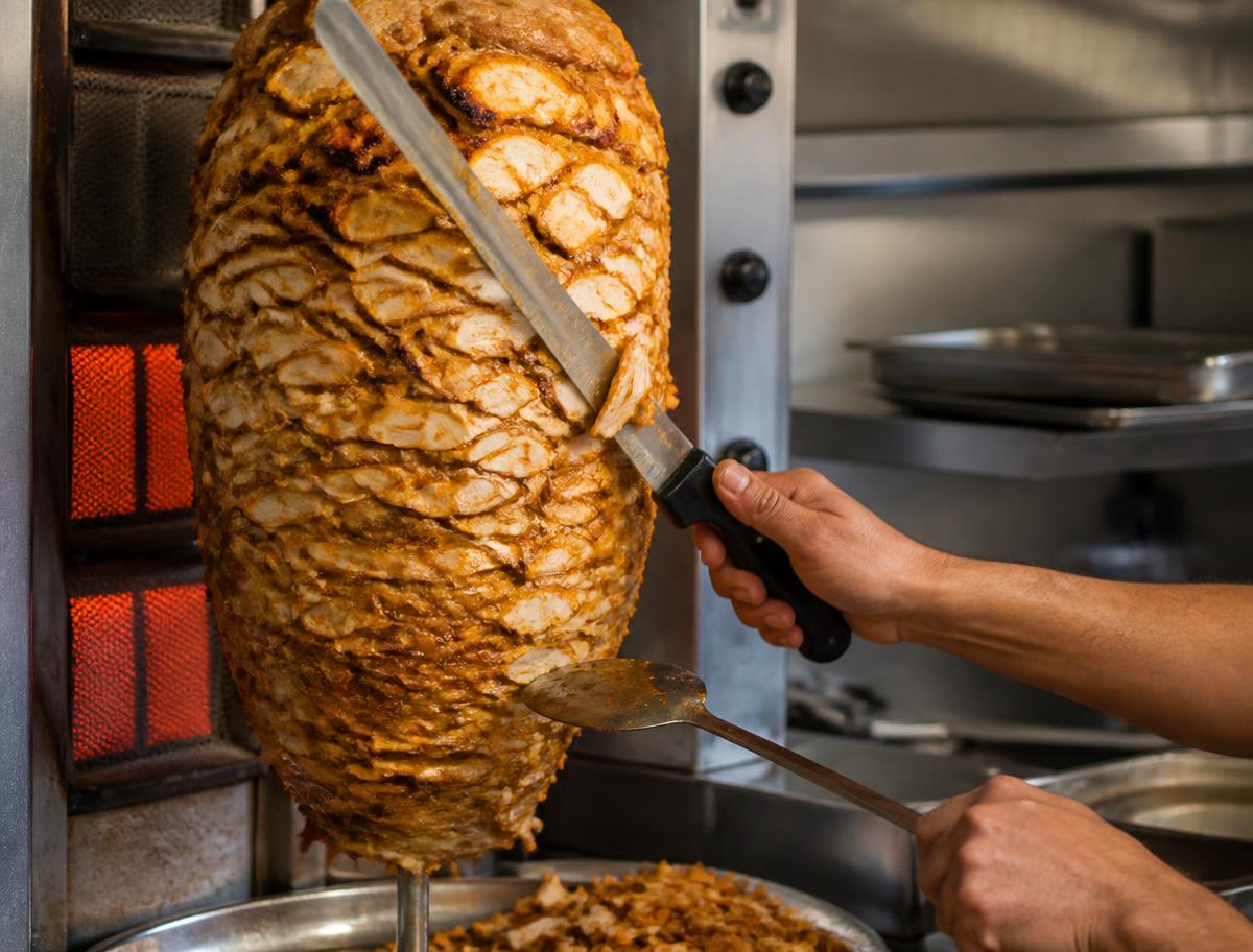 Hähnchen-Döner-Spieß wird frisch geschnitten